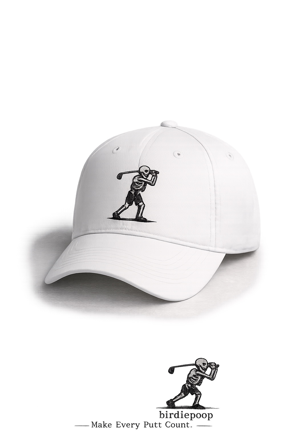 White birdiepoop cap with a black skeleton golfer design
